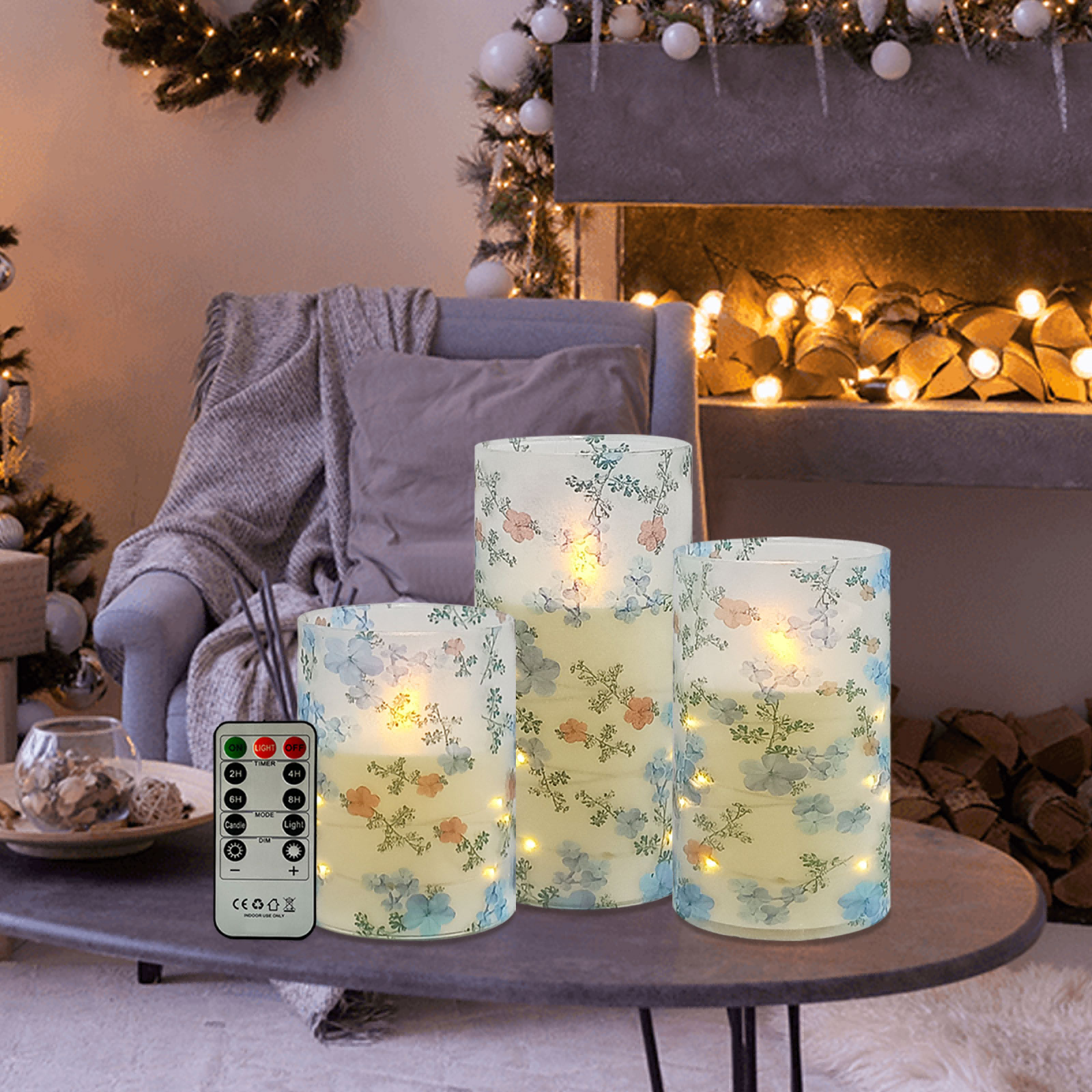 3-piece copper wire light LED candle light blue and white porcelain print with remote control 4"/5"/6", recessed flashing light string, adjustable, battery-operated flameless candle, suitable for Christmas, Valentine's Day, Halloween desktop decoration