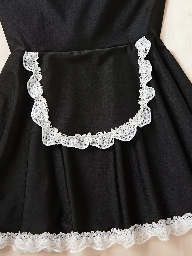 Cute maid cosplay costumes, ladies sexy lingerie and panties, lace contrast color cross strap dresses and thongs and chokers and leg socks