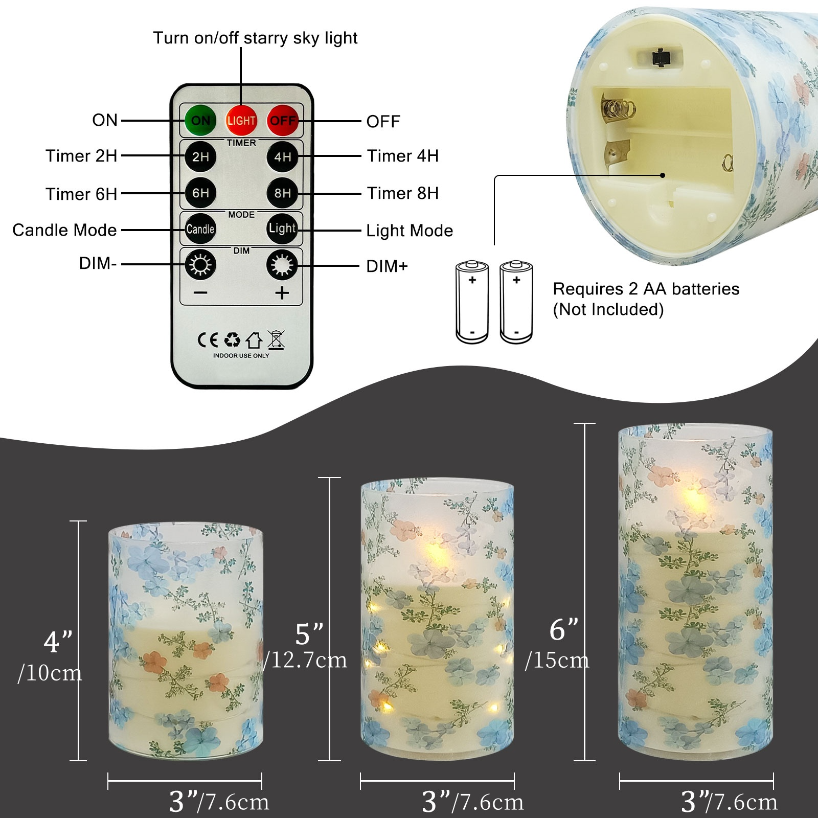 3-piece copper wire light LED candle light blue and white porcelain print with remote control 4"/5"/6", recessed flashing light string, adjustable, battery-operated flameless candle, suitable for Christmas, Valentine's Day, Halloween desktop decoration