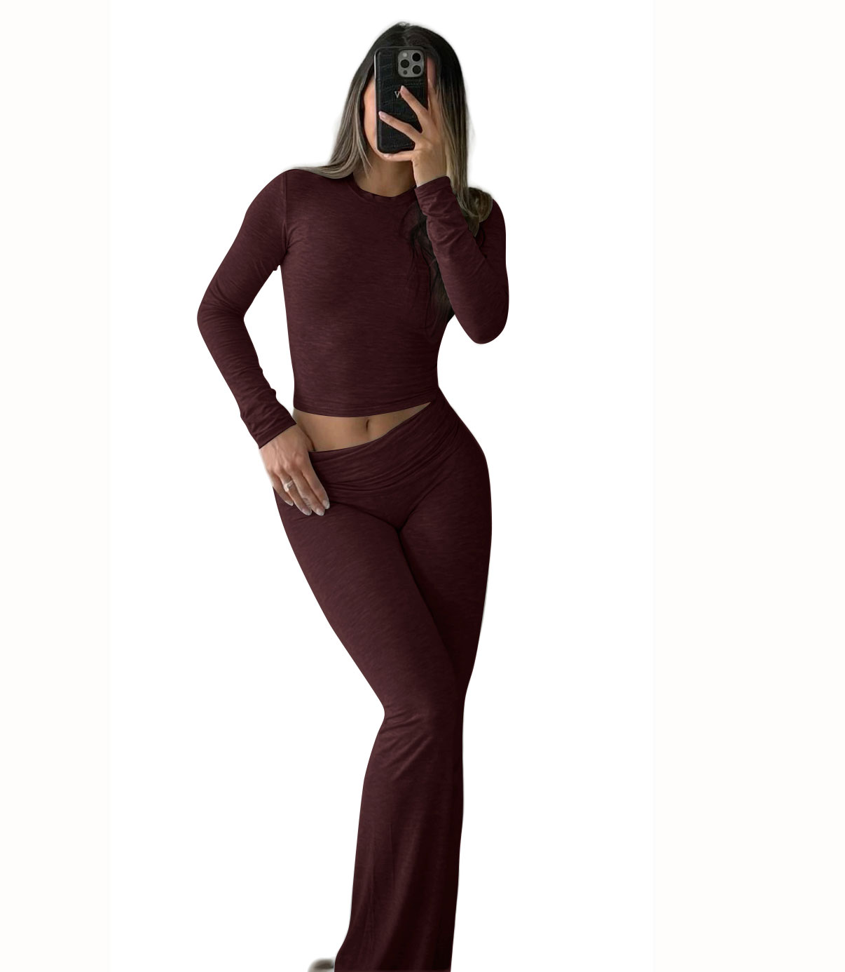 Casual Workout Two Piece Outfits for Women Long Sleeve Crop High Waist Foldover Flare Pants Tracksuit Sets Streetwear