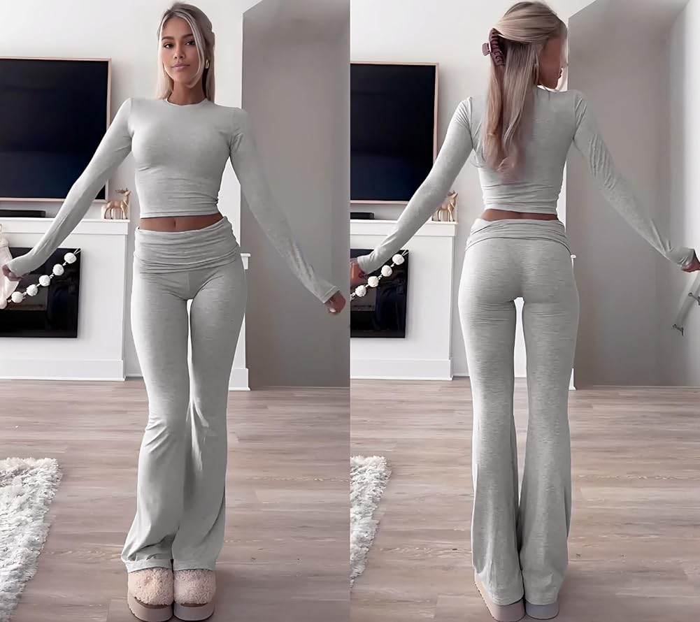 Casual Workout Two Piece Outfits for Women Long Sleeve Crop High Waist Foldover Flare Pants Tracksuit Sets Streetwear