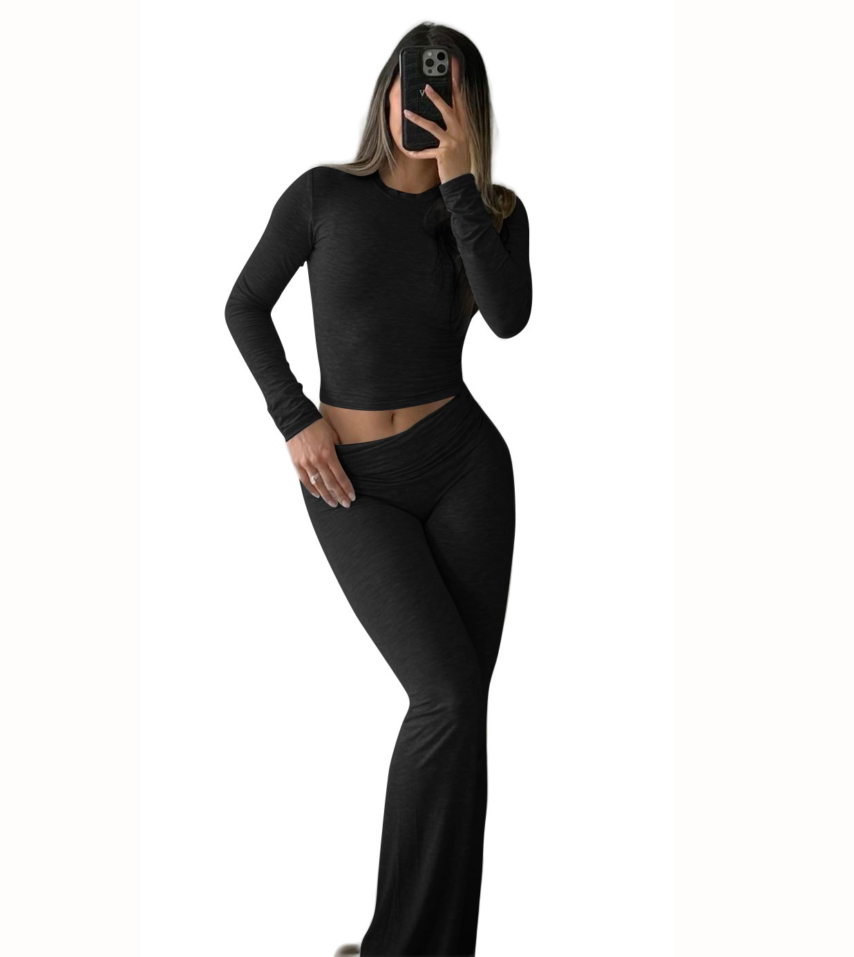 Casual Workout Two Piece Outfits for Women Long Sleeve Crop High Waist Foldover Flare Pants Tracksuit Sets Streetwear