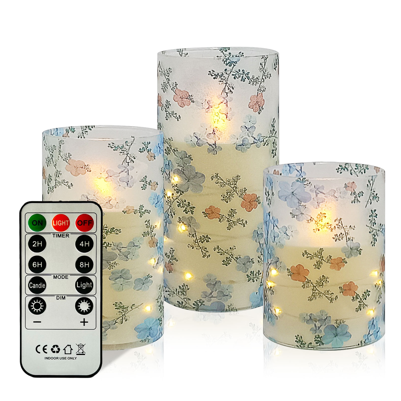 3-piece copper wire light LED candle light blue and white porcelain print with remote control 4"/5"/6", recessed flashing light string, adjustable, battery-operated flameless candle, suitable for Christmas, Valentine's Day, Halloween desktop decoration