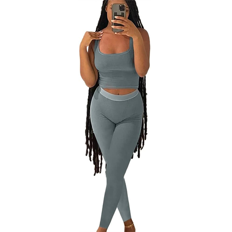Casual Workout Sets Two Piece Outfits for Women Ribbed Crop Tank Top High Waist Yoga Leggings Active Wear
