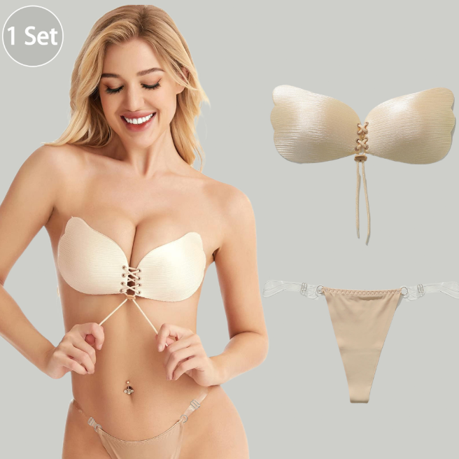 Viomisha 1 Set Women Sticky Bra And Thong Briefs Backless Strapless Bra Push Up Breathable Underwear Adhesive Invisible Lift Up Bras.
