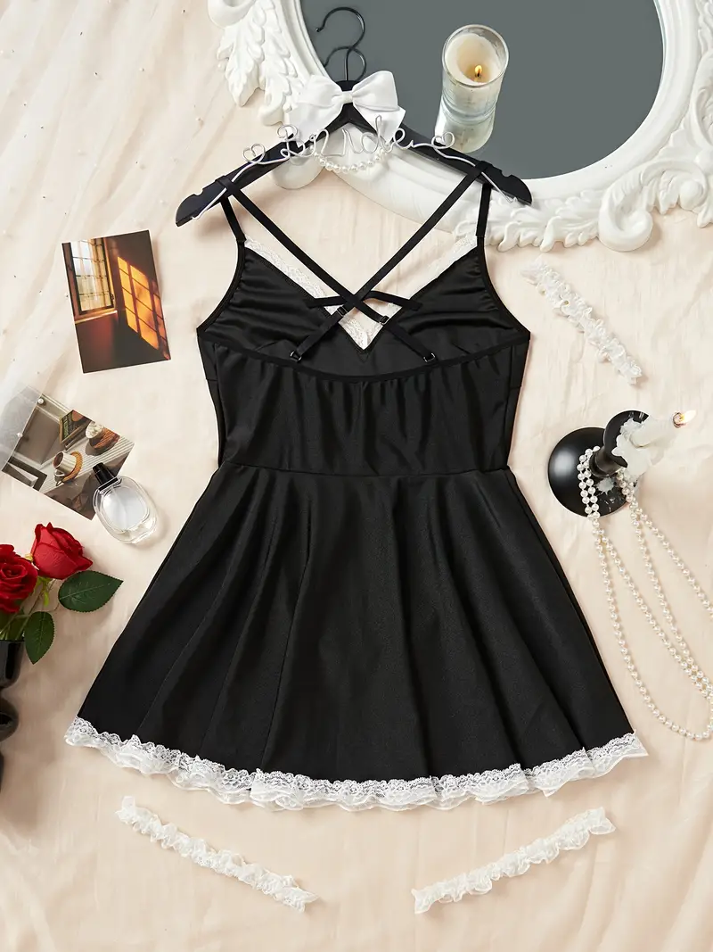 Cute maid cosplay costumes, ladies sexy lingerie and panties, lace contrast color cross strap dresses and thongs and chokers and leg socks