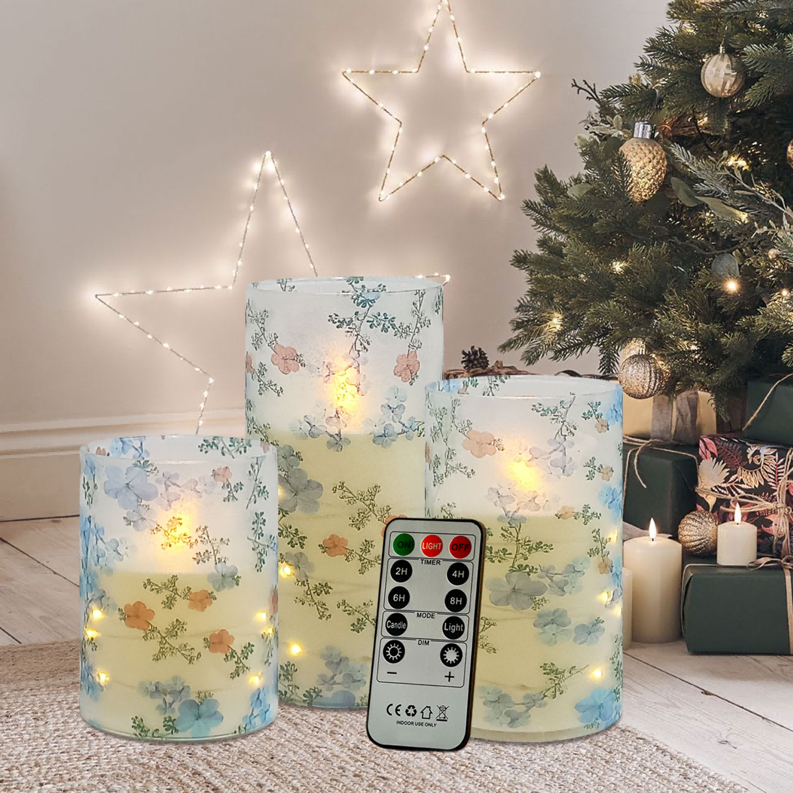3-piece copper wire light LED candle light blue and white porcelain print with remote control 4"/5"/6", recessed flashing light string, adjustable, battery-operated flameless candle, suitable for Christmas, Valentine's Day, Halloween desktop decoration