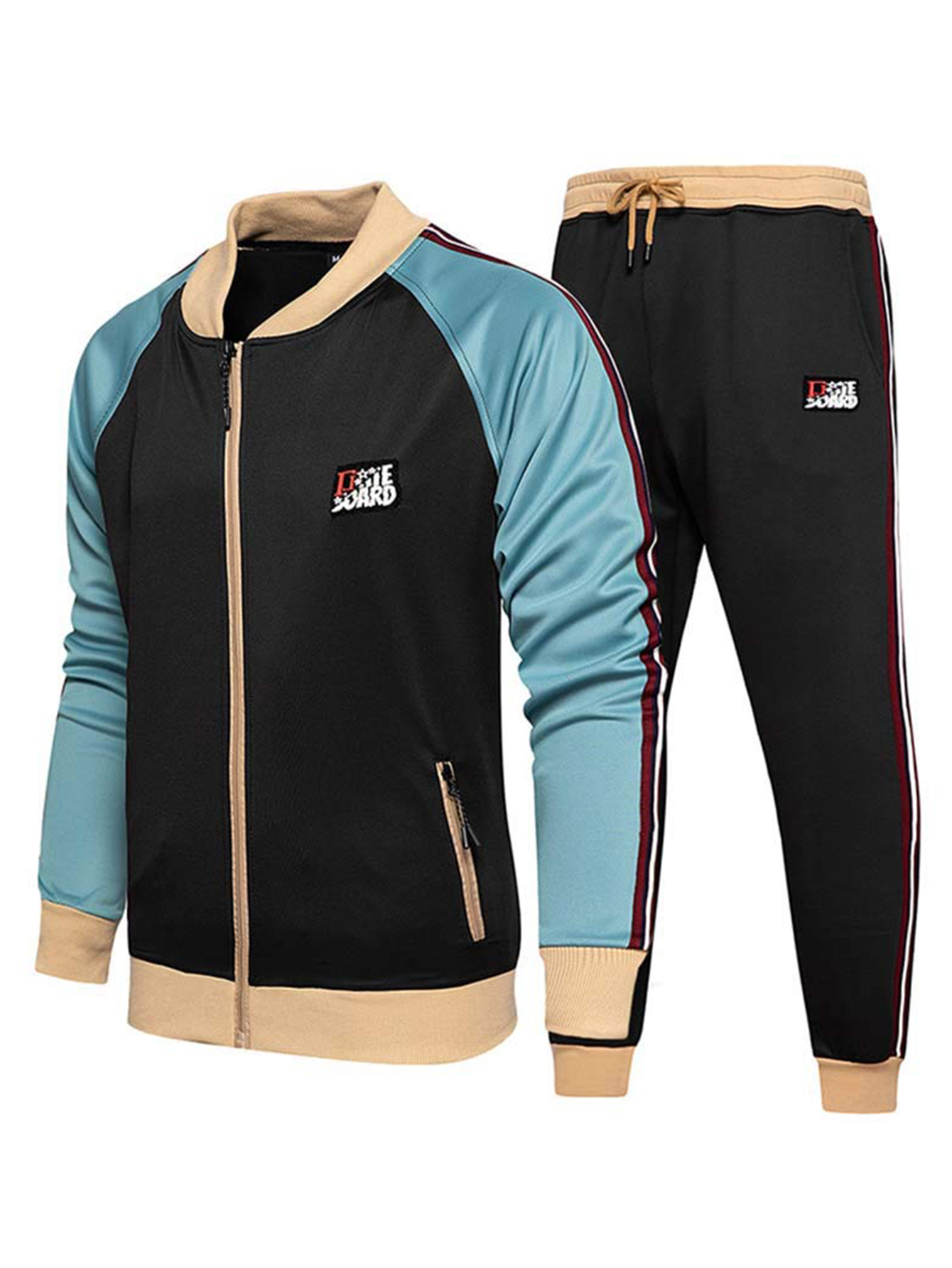 Men's Leisure Sports Suit, Spring And Autumn Jacket And Pants, 2 Fashion Sports Clothing, Youth Fashion Trend, Color Contrast Design Leisure Sports Four Seasons Suitable Clothing, Suitable