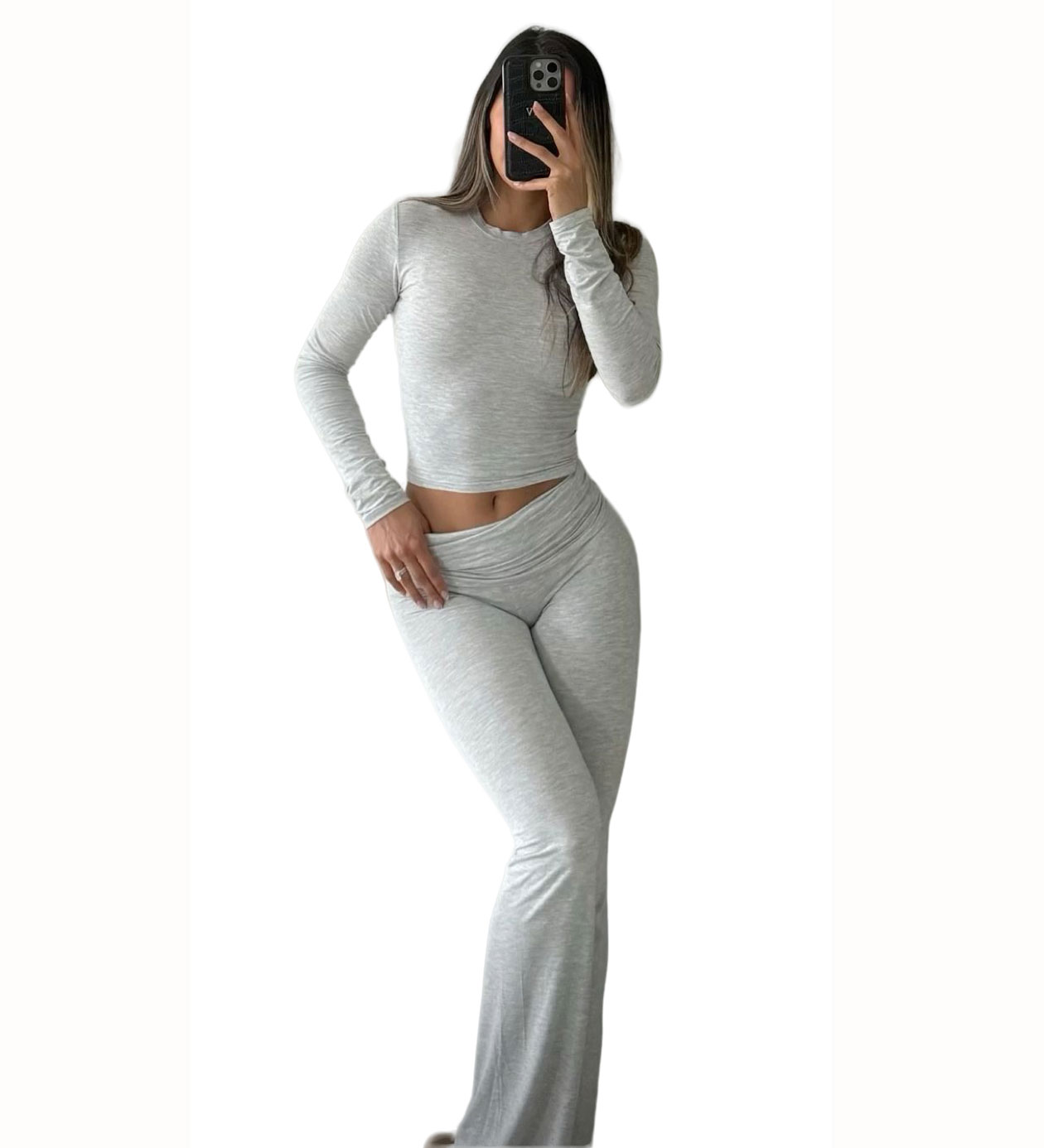Casual Workout Two Piece Outfits for Women Long Sleeve Crop High Waist Foldover Flare Pants Tracksuit Sets Streetwear