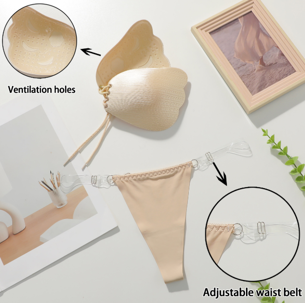 Viomisha 1 Set Women Sticky Bra And Thong Briefs Backless Strapless Bra Push Up Breathable Underwear Adhesive Invisible Lift Up Bras.