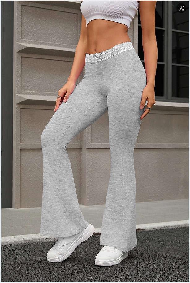 Women's adhesive lace flared pants, lace waist yoga pants with high stretch knitted fabric, lace elastic waist, long solid color casual sports yoga pants, suitable for all seasons