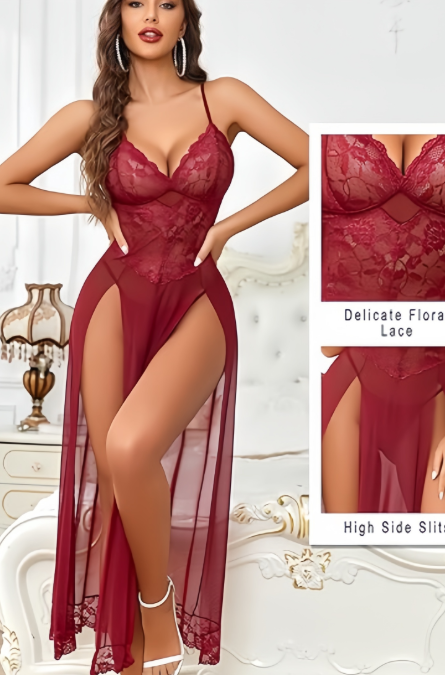 2PCS set, women's underwear, pajamas, sexy long dress with high slit, Valentine's Day gift, date outfit. Valentine's Day gifts, date dresses