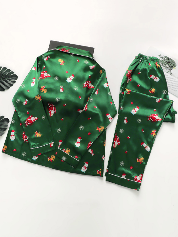 Contrast Piping Satin PJ Set Women Christmas Pajama Sets The Pants Santa Claus Long-Sleeved Pajama Set Spring and Autumn Period Clothes Cozy And Elegant