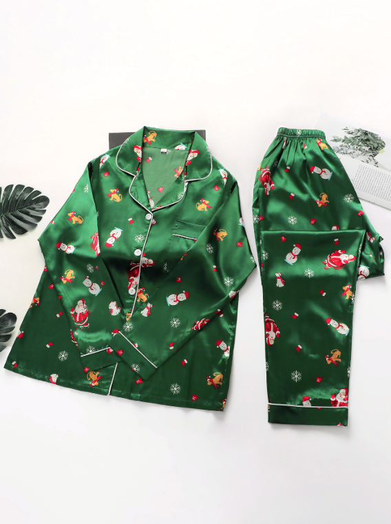 Contrast Piping Satin PJ Set Women Christmas Pajama Sets The Pants Santa Claus Long-Sleeved Pajama Set Spring and Autumn Period Clothes Cozy And Elegant