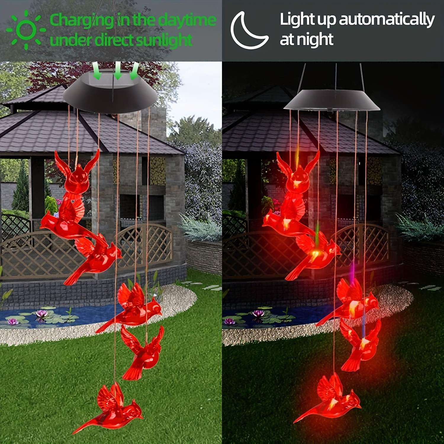 1PC Outdoor Solar Flaming Bird Wind Chime Lights, Outdoor Decorative Colorful Solar Wind Chimes