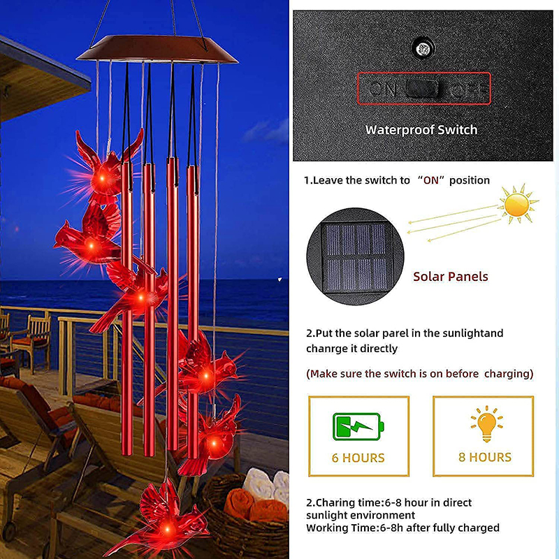 1PC Outdoor Solar Flaming Bird Wind Chime Lights, Outdoor Decorative Colorful Solar Wind Chimes