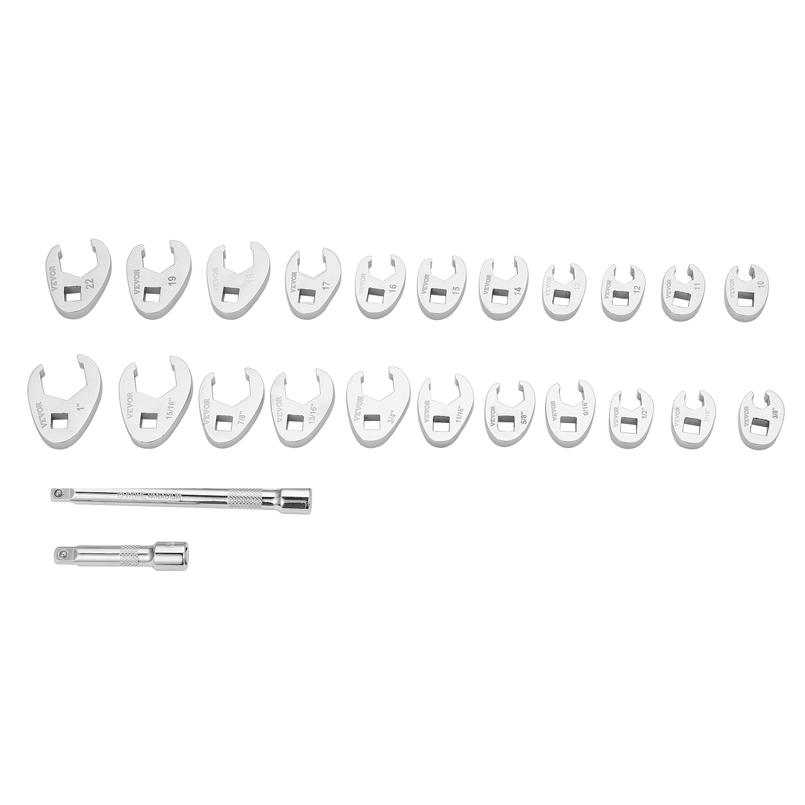 VEVOR 3/8" Drive Crowfoot Wrench Set with 2 Extension Bars, 24-Piece Crows Foot Wrench Set, SAE 3/8"-1" and Metric 10-22 mm, CR-MO Steel Crowfoot Wrench Set, with EVA Tool Organizer