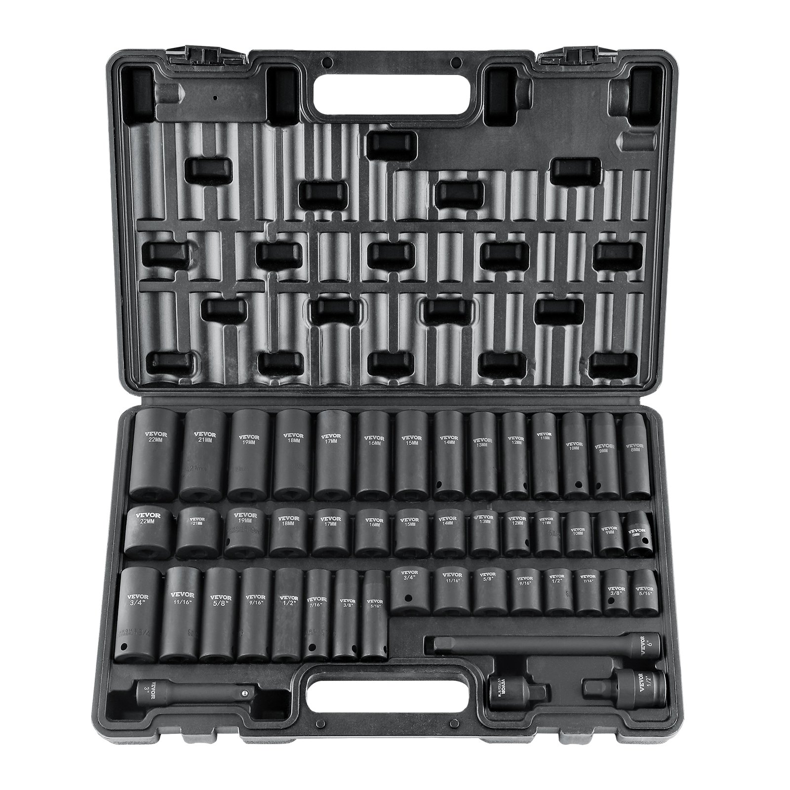 VEVOR 3/8" Drive Impact Socket Set, 48 Piece Socket Set SAE （5/16" -3/4"） &amp; Metric （8-22mm）6 Point Cr-V Drive Extension Bar Universal Joint &amp; Power Drill Adapter Includes Storage Case
