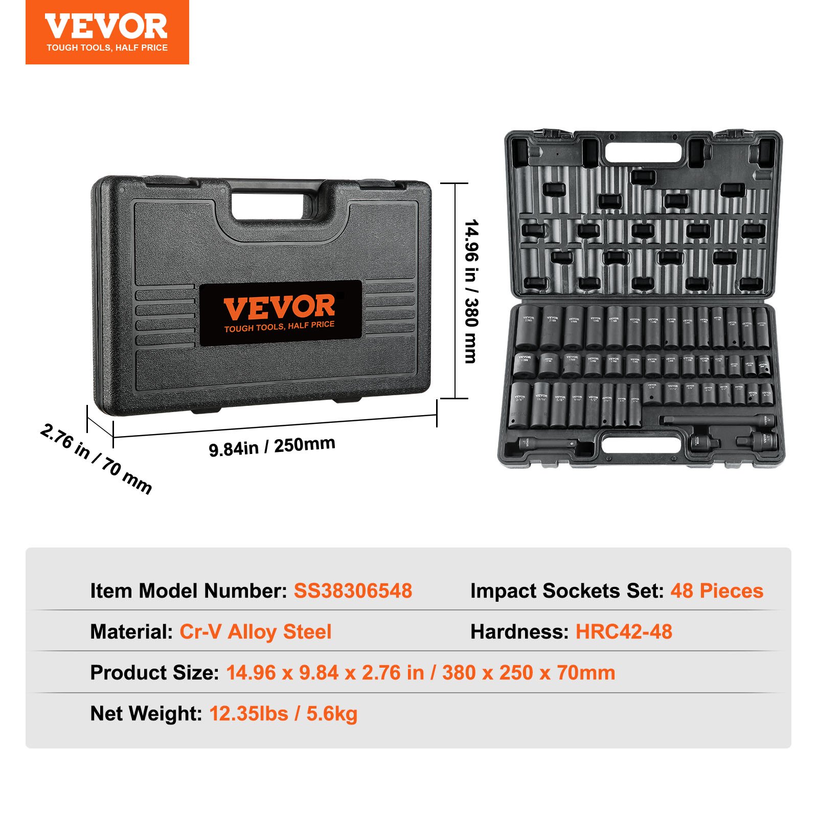 VEVOR 3/8" Drive Impact Socket Set, 48 Piece Socket Set SAE （5/16" -3/4"） &amp; Metric （8-22mm）6 Point Cr-V Drive Extension Bar Universal Joint &amp; Power Drill Adapter Includes Storage Case