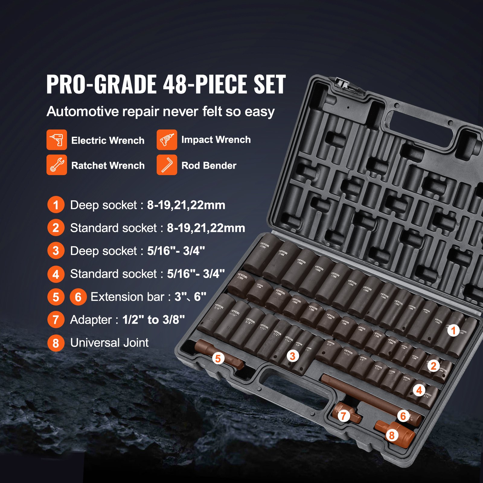 VEVOR 3/8" Drive Impact Socket Set, 48 Piece Socket Set SAE （5/16" -3/4"） &amp; Metric （8-22mm）6 Point Cr-V Drive Extension Bar Universal Joint &amp; Power Drill Adapter Includes Storage Case