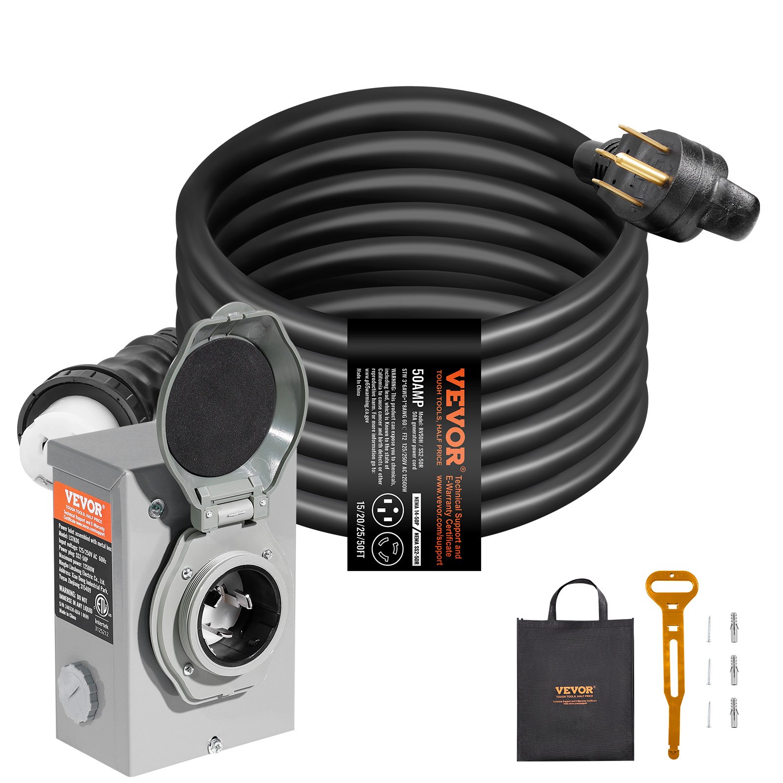 50 Amp Generator Cord and Power Inlet Box Kit, 20FT, NEMA 14-50P/SS2-50R STW 6/3+8/1 AWG Generator Power Cord with Twist Lock Connector, Pre-Drilled Inlet Box for Generator to House, ETL Listed