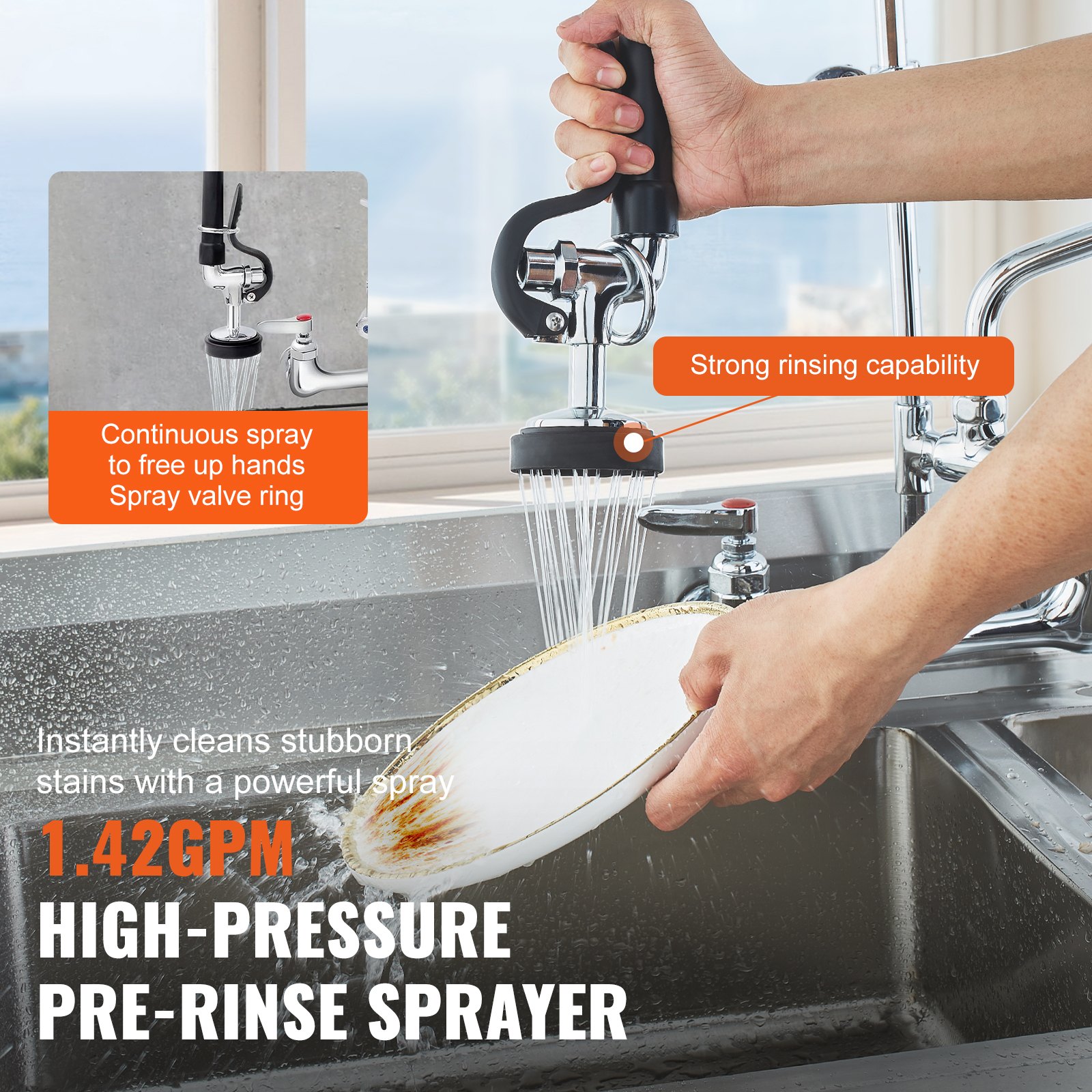 VEVOR Commercial Faucet with Pre-Rinse Sprayer, 25" Height, 8" Center, 12" Swing Spout, Wall Mount Kitchen Sink Faucet, Brass Constructed Device with Pull Down Spray, for 1/2/3 Compartment Sink