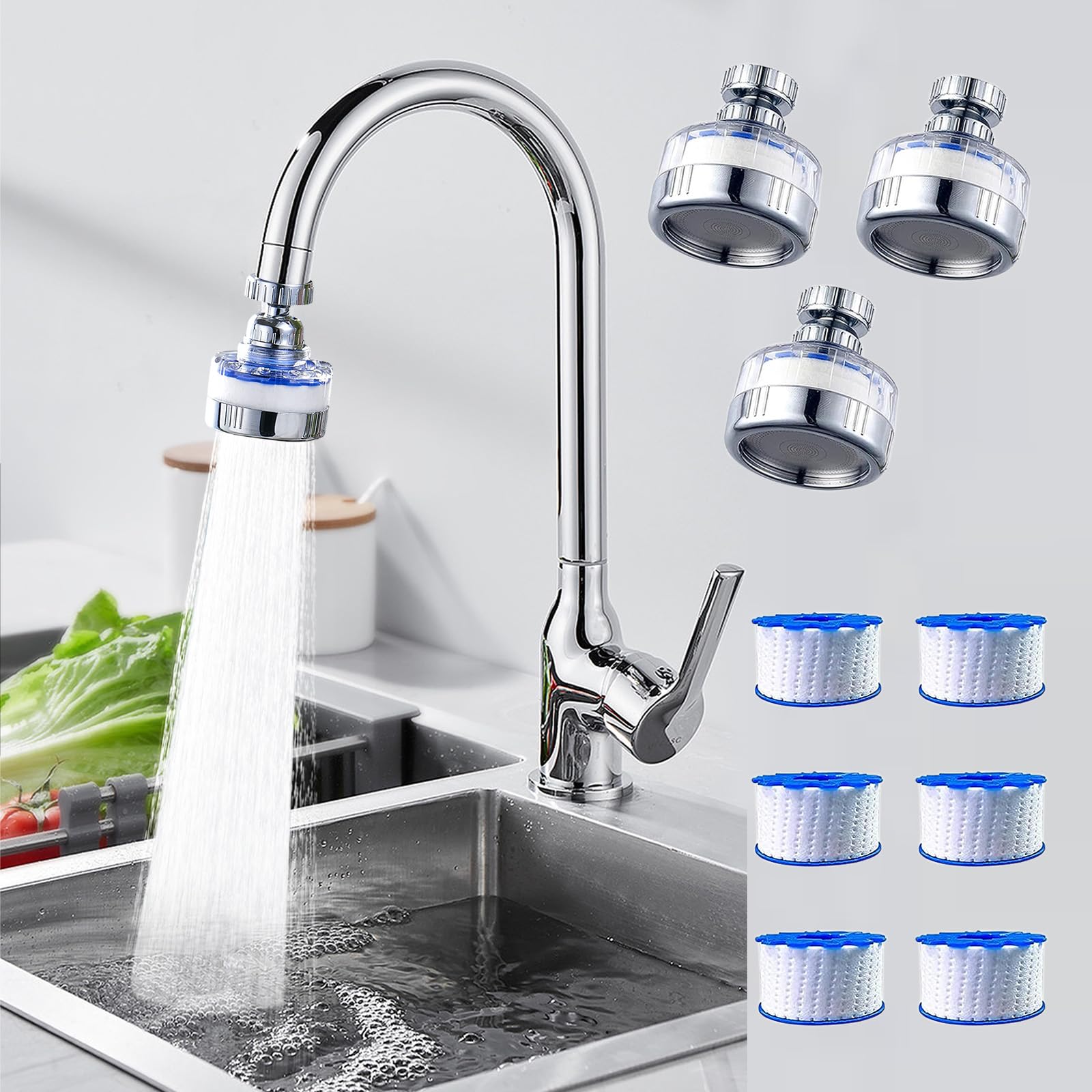 3Pack Universal 360° Rotating Faucet Water Filter Kit with 6 Replacement Filter for Kitchen & Bathroom Sink