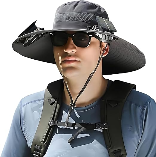 2024 Unisex Wide Brim Solar Fan Outdoor Fishing Hat-Solar & USB Charging, Sunscreen Sun Hat with Fan, Camping Uv Protection Upf50+