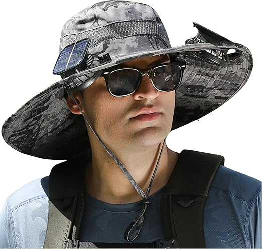 2024 Unisex Wide Brim Solar Fan Outdoor Fishing Hat-Solar &amp; USB Charging, Sunscreen Sun Hat with Fan, Camping Uv Protection Upf50+