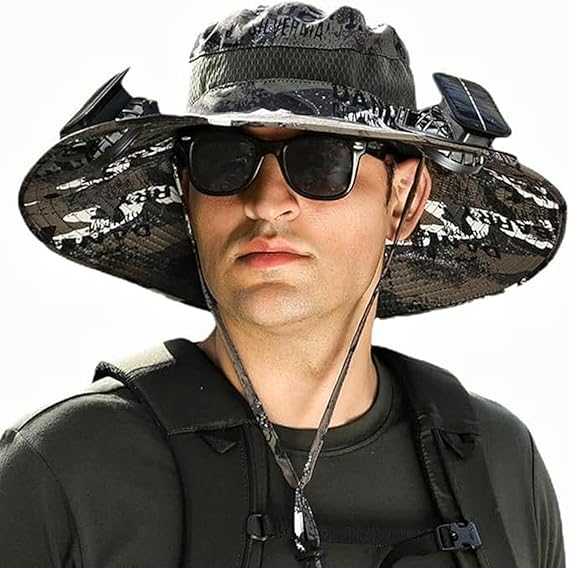 2024 Unisex Wide Brim Solar Fan Outdoor Fishing Hat-Solar &amp; USB Charging, Sunscreen Sun Hat with Fan, Camping Uv Protection Upf50+