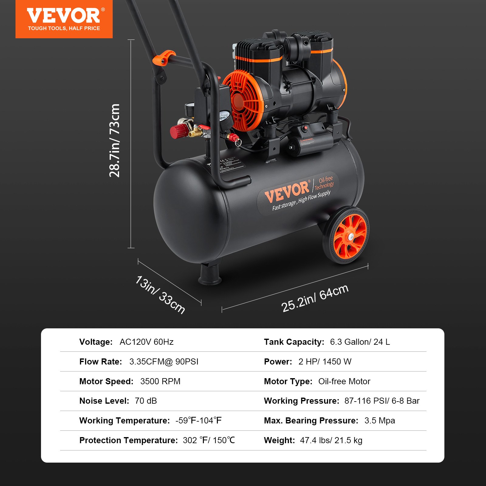 Air Compressor 6.3 Gallon 1450W 3.35 CFM@ 90PSI 70 dB Ultra Quiet Oil Free
