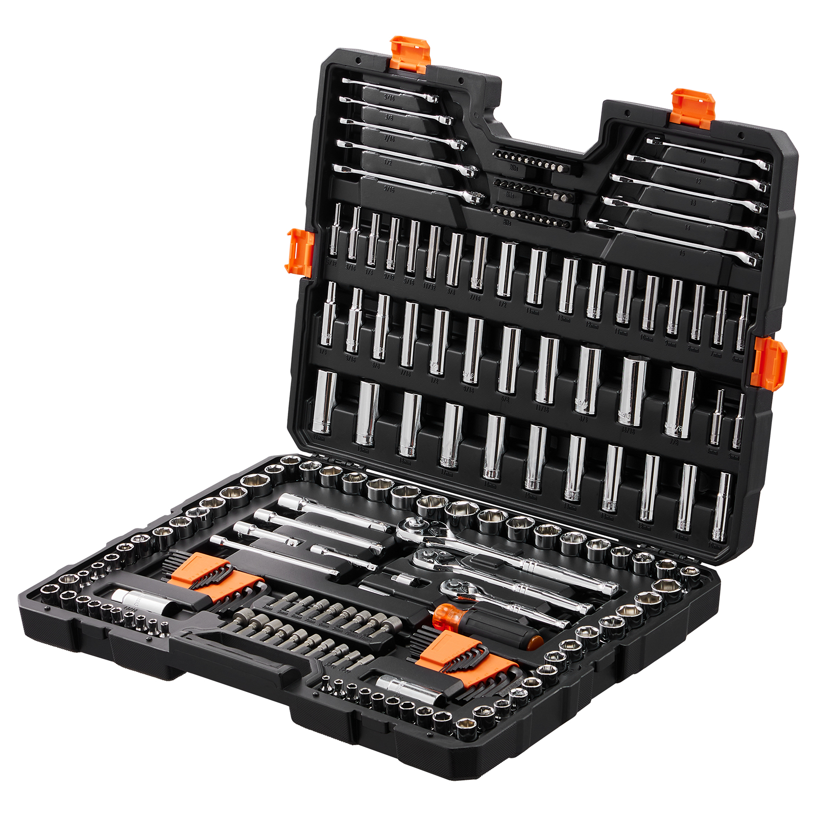 VEVOR Mechanics Tool Set and Socket Set, 1/4" 3/8" 1/2" Drive Deep and Standard Sockets, 205 Pcs SAE and Metric Mechanic Tool Kit with Bits, Combination Wrench, Hex Wrenches, Accessories, Storage Case