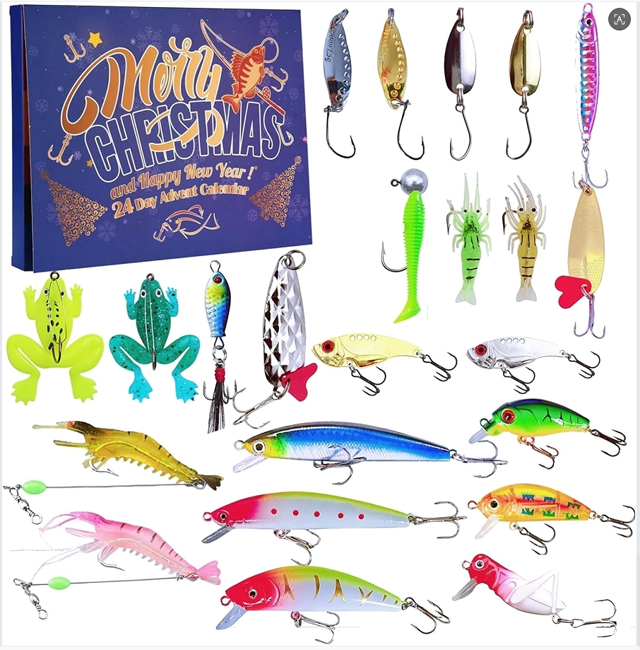 Christmas Calendar 2025 Fishing Lure Set - 24-Day Christmas Countdown Calendar with Unique Fishing Lures - A Premium Christmas Surprise Fishing Lure Gift for Dad, Grandpa, Brother, or