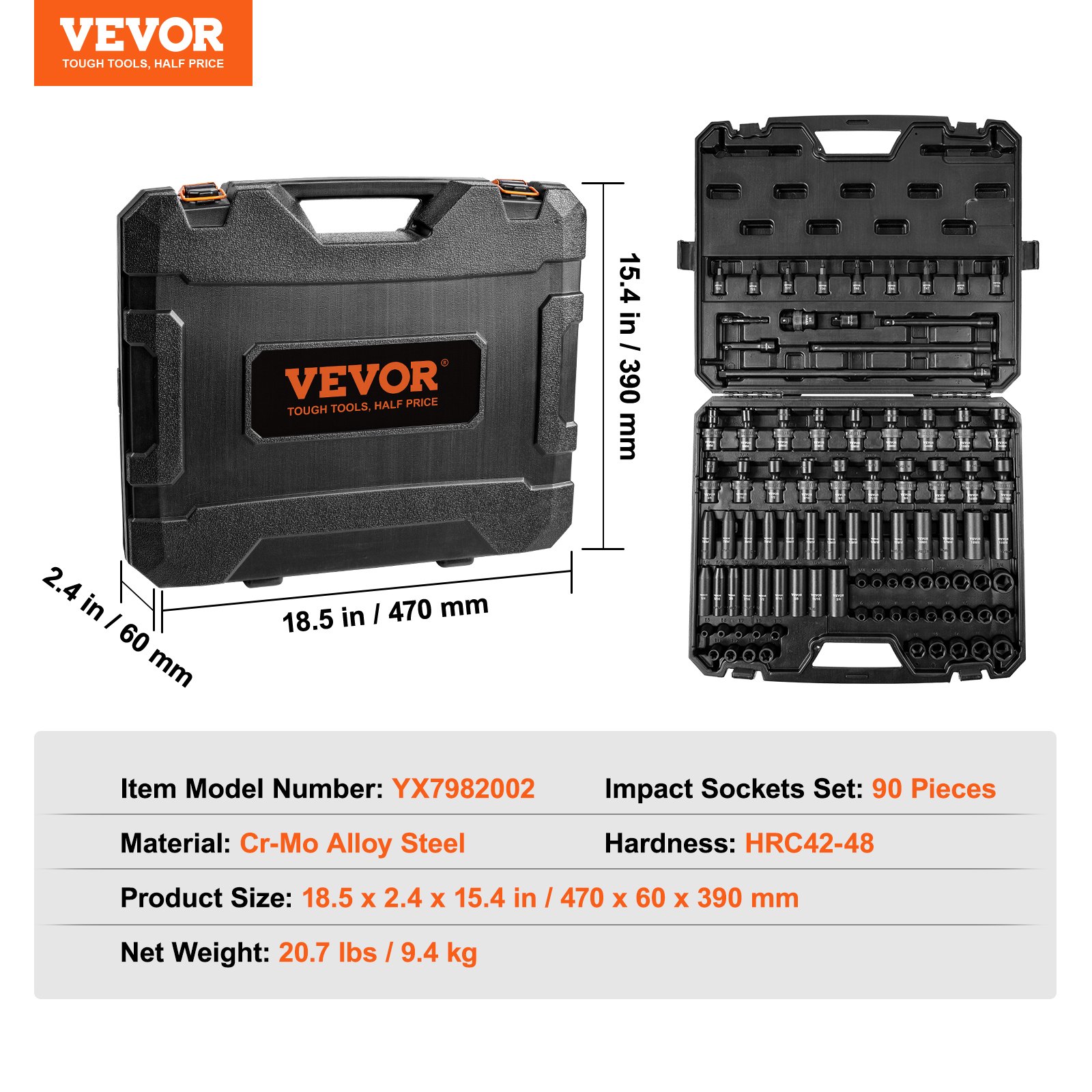 VEVOR 3/8" Drive Impact Socket Set, SAE 1/4"-3/4" and Metric 6-19mm 90 Piece Socket Set, 6 Point Cr-Mo Alloy Steel for Auto Repair, Includes Extension Bars Universal Joint Adapter Lock Storage Case