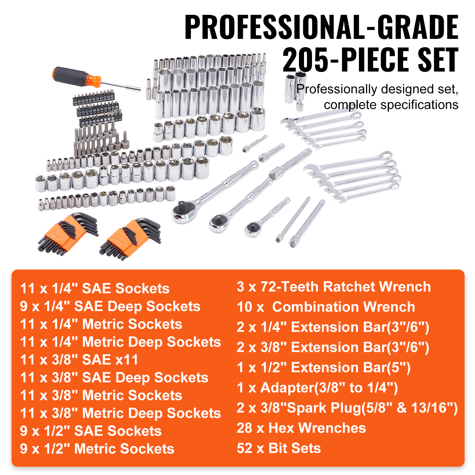 VEVOR Mechanics Tool Set and Socket Set, 1/4" 3/8" 1/2" Drive Deep and Standard Sockets, 205 Pcs SAE and Metric Mechanic Tool Kit with Bits, Combination Wrench, Hex Wrenches, Accessories, Storage Case