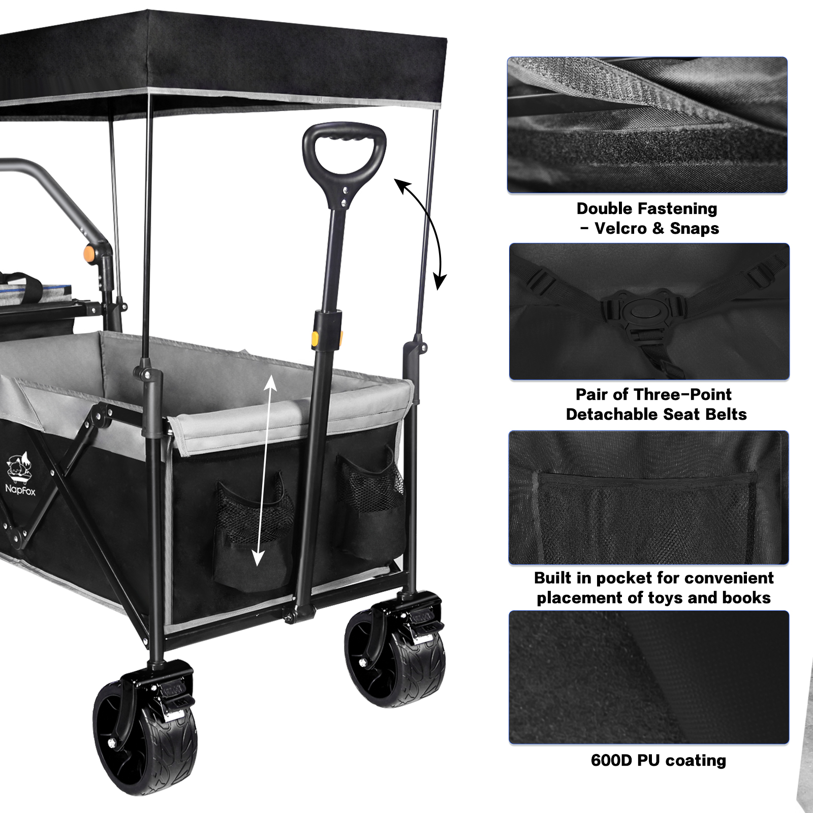 Collapsible Wagon Heavy Duty Wagons Carts Foldable with Removable Canopy, Folding Wagon Cart with Wheels for All-Terrain with Brake, Foldable Wagon with Cooler Bag, for Camping Beach Shopping