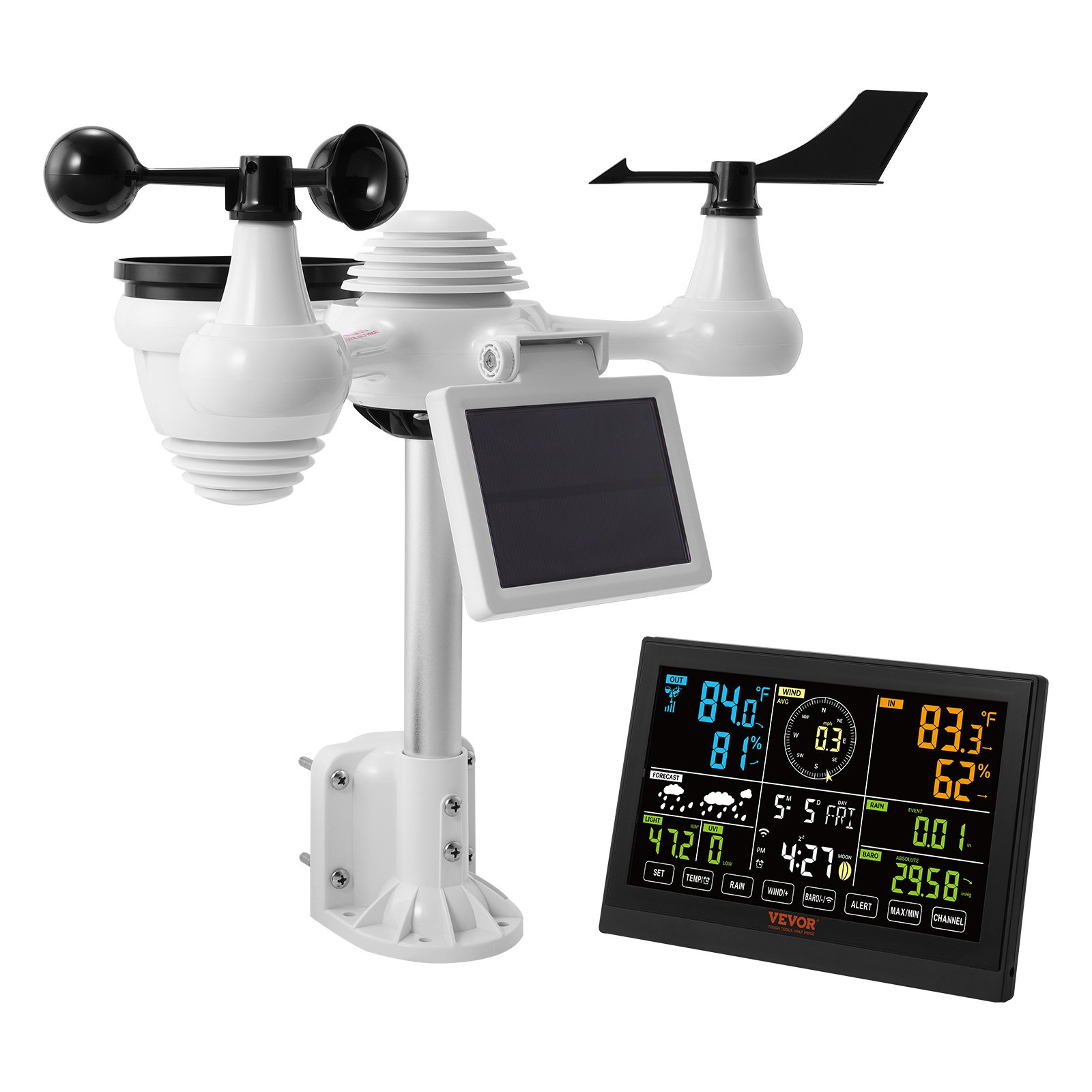 7-in-1 Wi-Fi Weather Station, 7.5 in Color Display, Home Weather Station Indoor Outdoor, with Solar Wireless Outdoor Sensor Alarm Alerts, for Temperature Humidity Wind Speed/Direction Rain