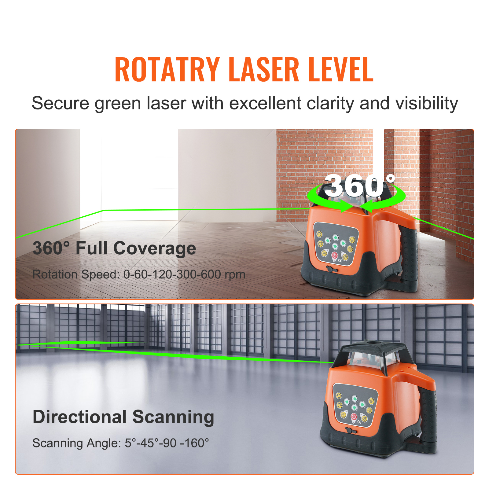 VEVOR Laser Level, 2000ft, 360 Degree Self Leveling Green Cross Line Laser, 5 Rotation Speeds &amp; 4 Scanning Angles Adjustment, IP66 Waterproof Remote Control Manual Self-leveling Mode, Battery Included