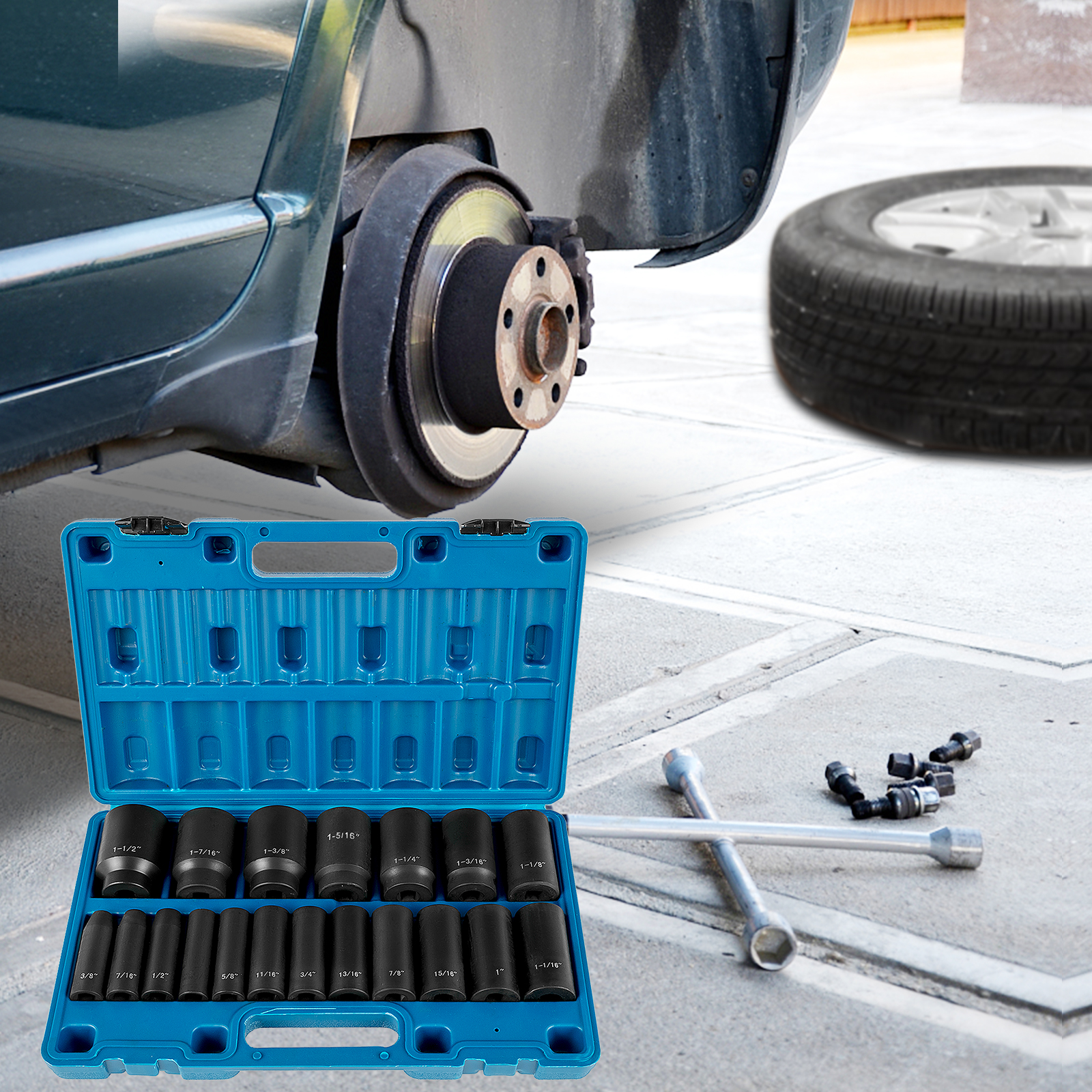 VEVOR Impact Socket Set 1/2 Inches 19 Piece Impact Sockets, Deep Socket, 6-Point Sockets, Rugged Construction, Cr-V, 1/2 Inches Drive Socket Set Impact 3/8 inch - 1-1/2 inch, with a Storage Cage