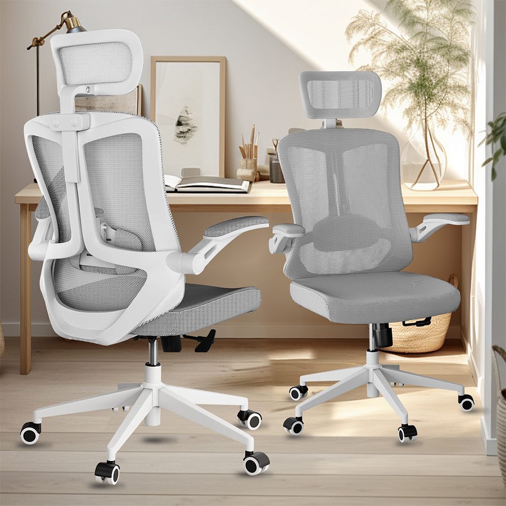 Ergonomically comfortable home office chair table chair, high back gaming chair with wheels, mesh computer chair, waist support, adjustable headrest, flip armrest gray