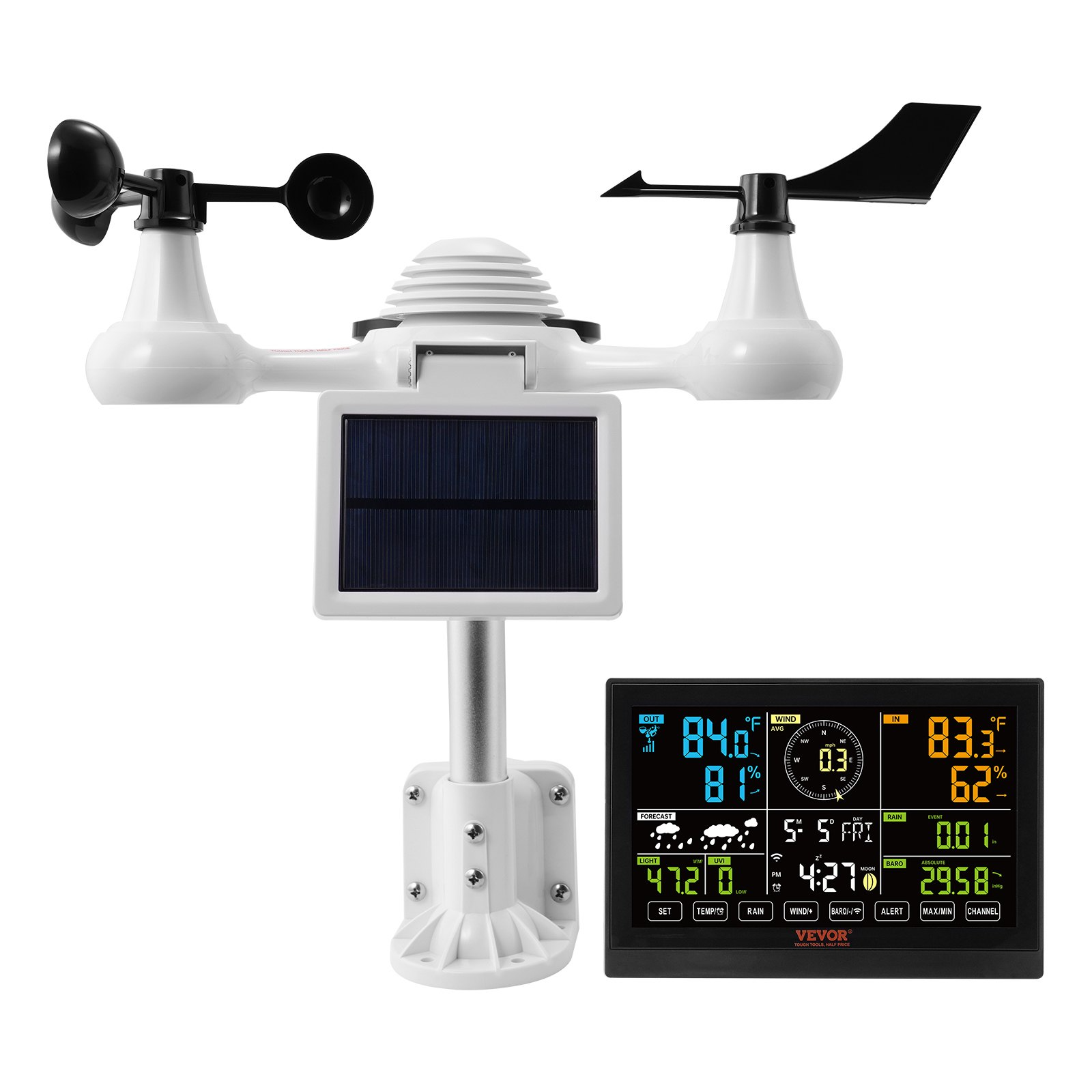7-in-1 Wi-Fi Weather Station, 7.5 in Color Display, Home Weather Station Indoor Outdoor, with Solar Wireless Outdoor Sensor Alarm Alerts, for Temperature Humidity Wind Speed/Direction Rain