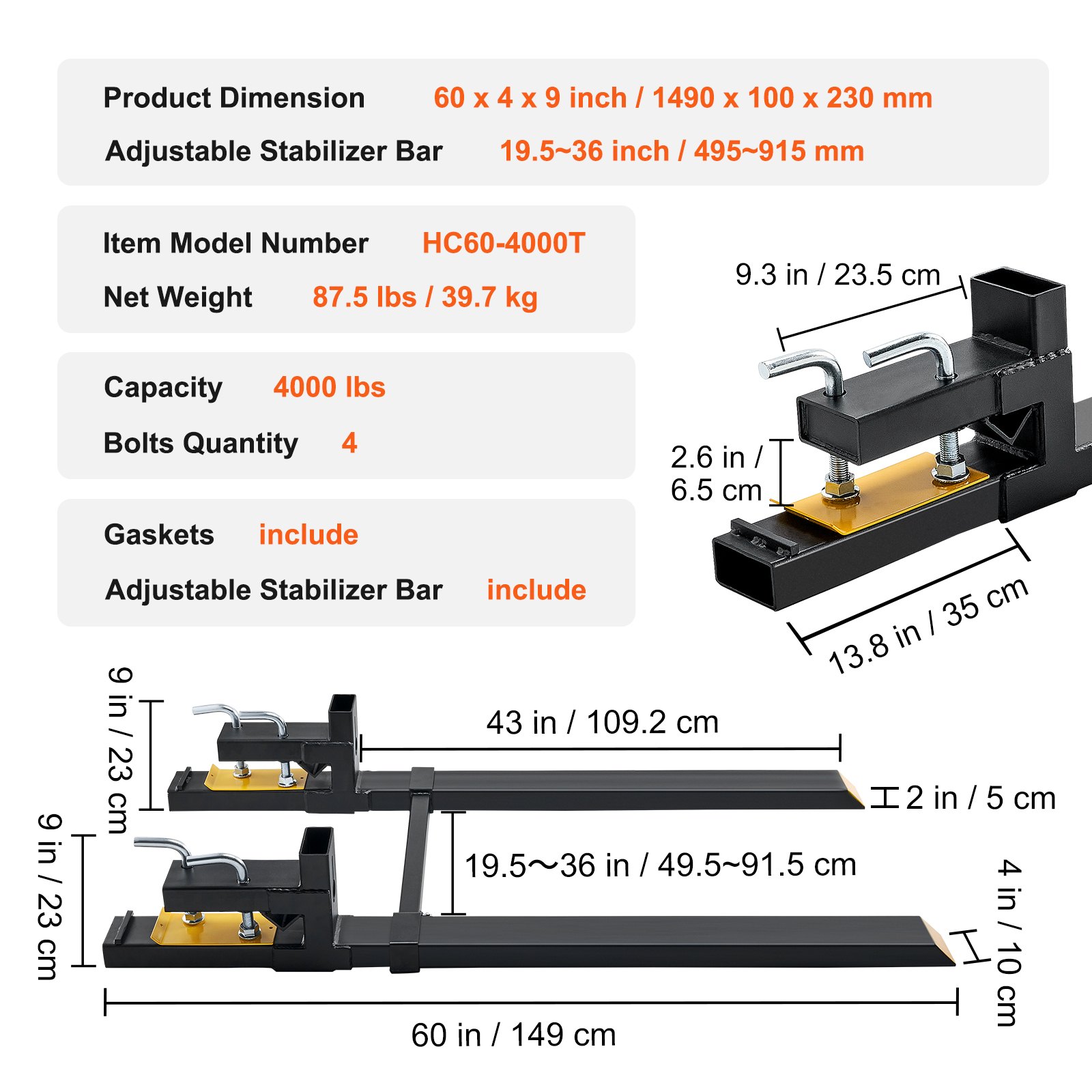 VEVOR Pallet Forks, 4000 lbs Clamp on Pallet Forks, 60" Total Length Heavy Duty Pallet Forks with Adjustable Stabilizer Bar, Tractor Bucket Forks for Tractor Attachments, Skid Steer, Loader Bucket
