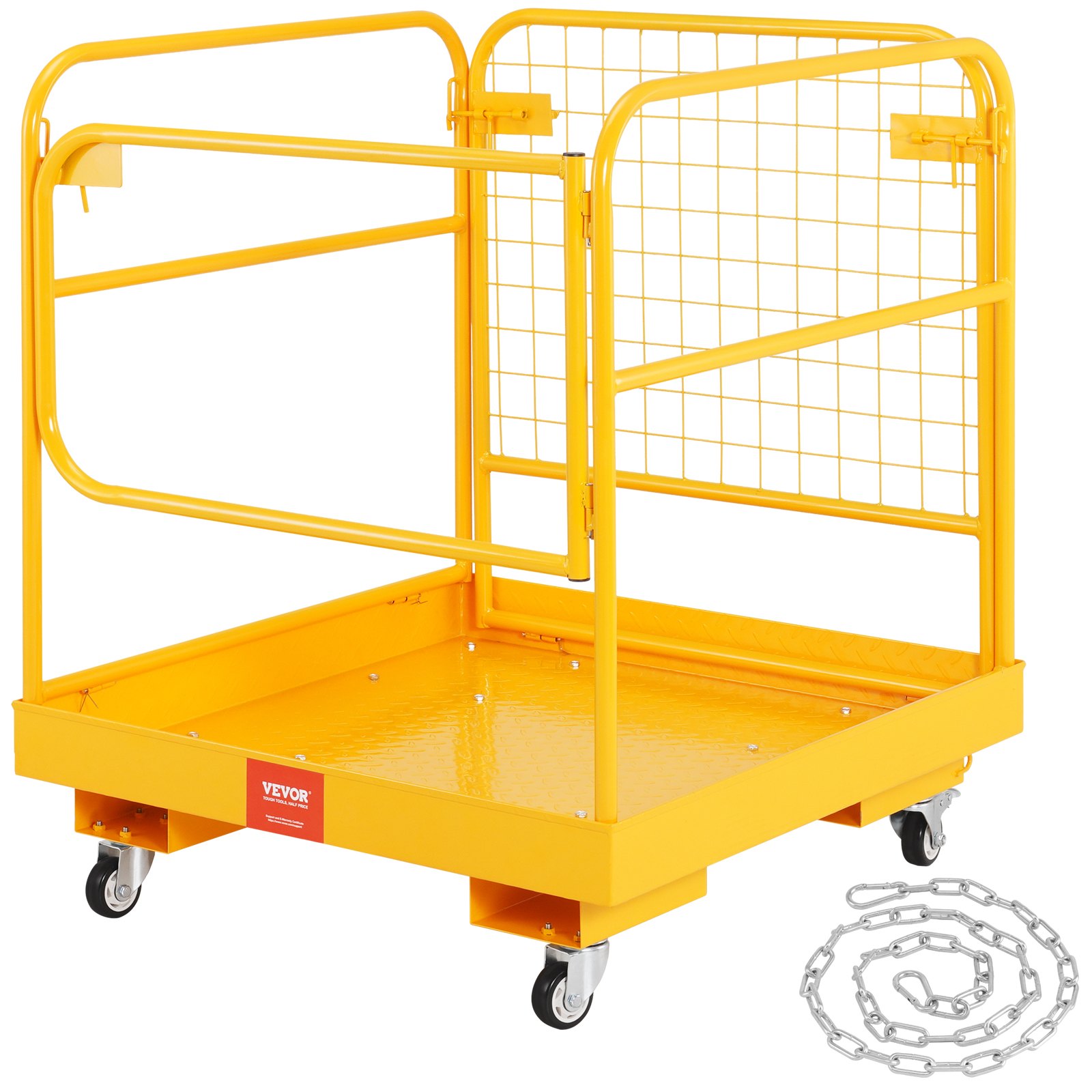 VEVOR Forklift Safety Cage, 1200 lbs Load Capacity, 36 x 36 inches Folding Forklift Work Platform with Lockable Swivel Wheels, Drain Hole &amp; Device Chain, Holds 1 to 2 Adults, Perfect for Aerial Work