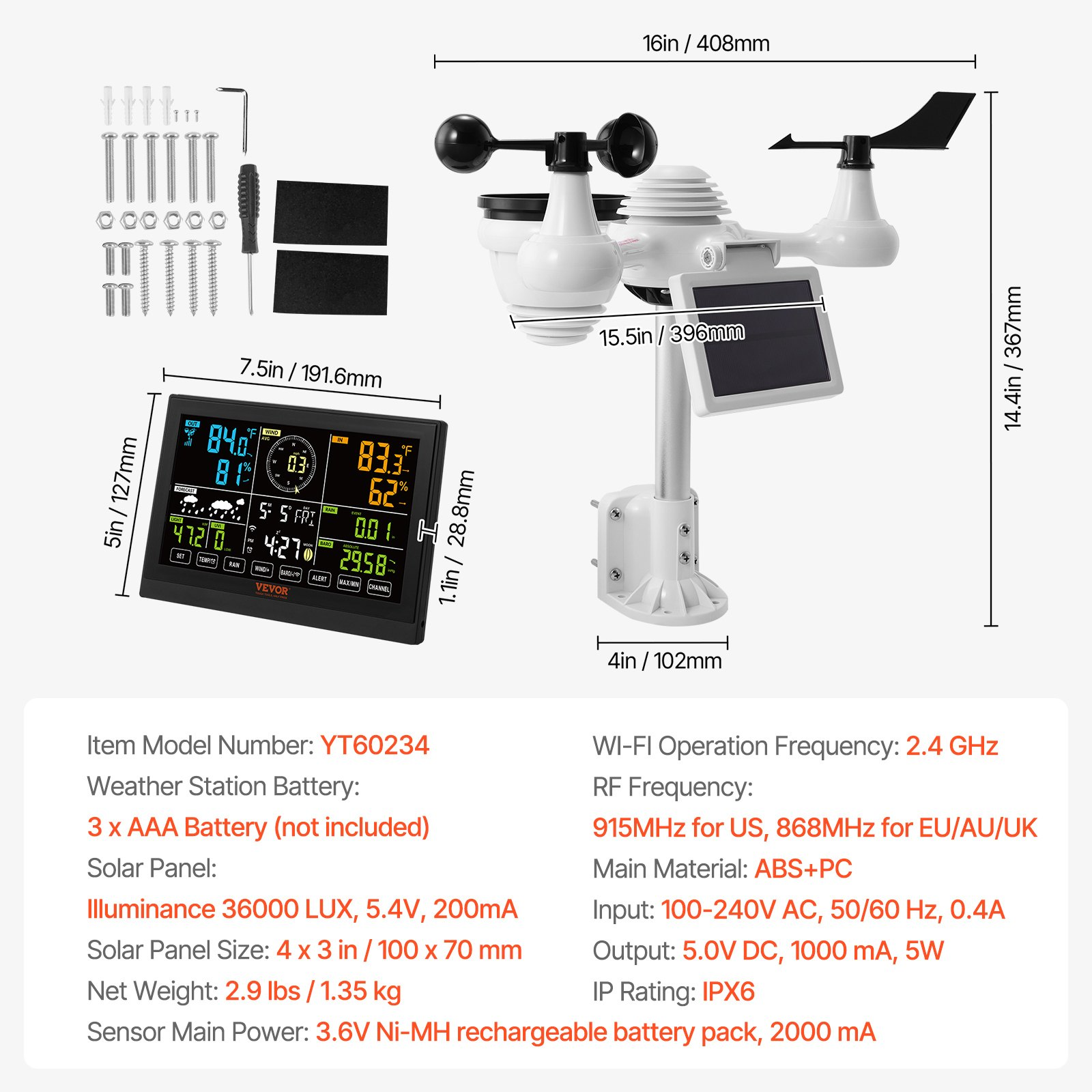 7-in-1 Wi-Fi Weather Station, 7.5 in Color Display, Home Weather Station Indoor Outdoor, with Solar Wireless Outdoor Sensor Alarm Alerts, for Temperature Humidity Wind Speed/Direction Rain