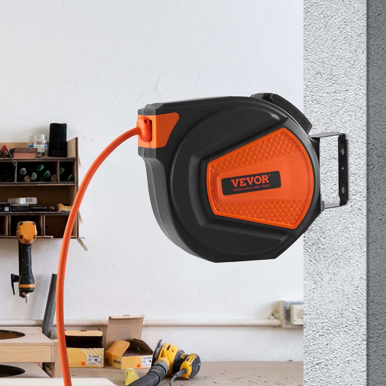 VEVOR Retractable Air Hose Reel, 3/8 IN x 50 FT Hybrid Air Hose Max 300PSI, Air Compressor Hose Reel with 5 ft Lead in, Ceiling / Wall Mount Heavy Duty Single Arm Steel Reel