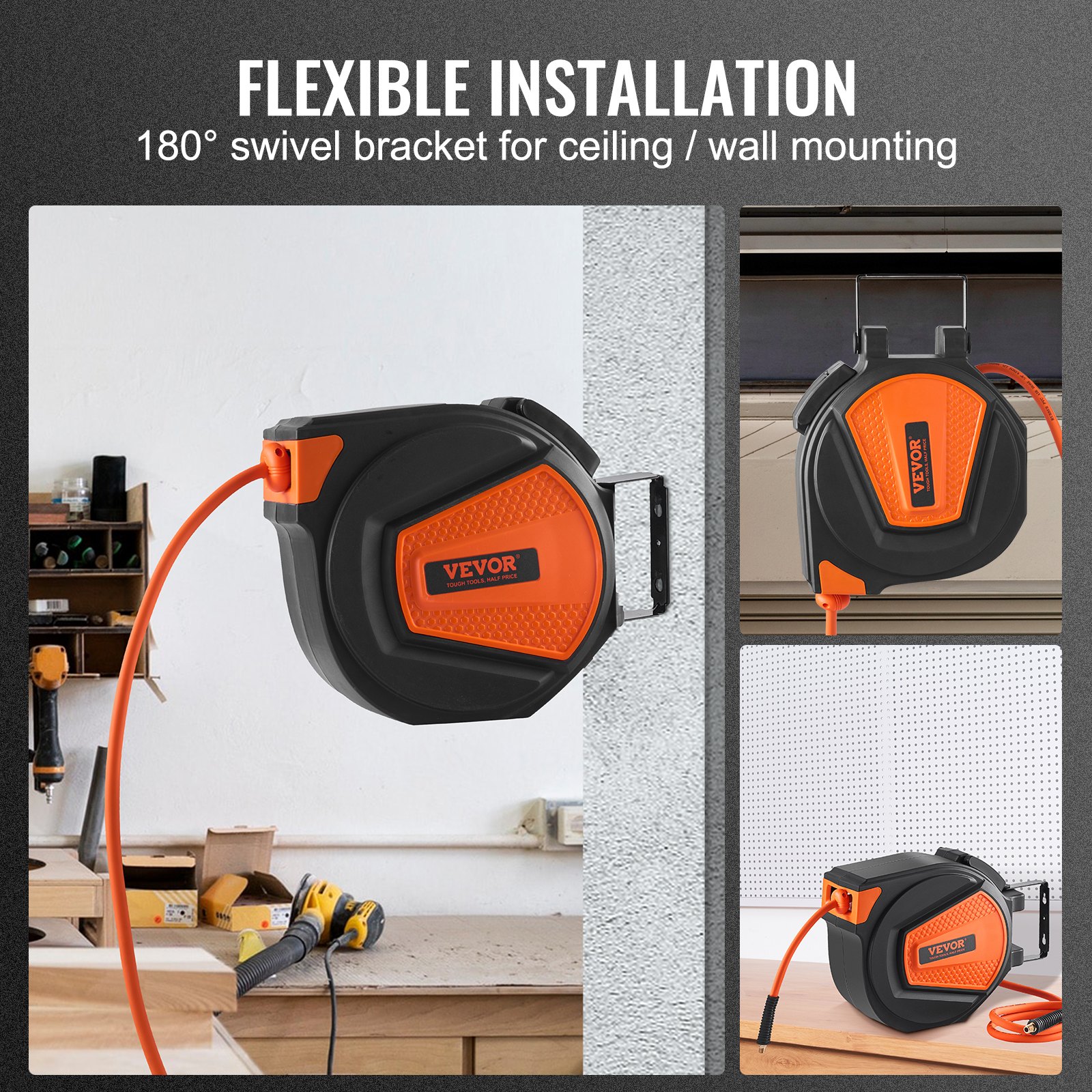 VEVOR Retractable Air Hose Reel, 3/8 IN x 50 FT Hybrid Air Hose Max 300PSI, Air Compressor Hose Reel with 5 ft Lead in, Ceiling / Wall Mount Heavy Duty Single Arm Steel Reel