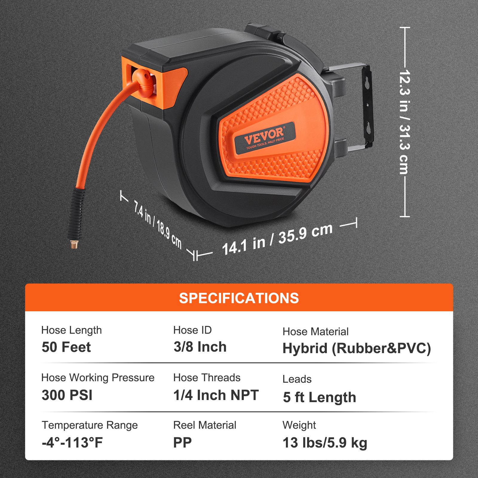 VEVOR Retractable Air Hose Reel, 3/8 IN x 50 FT Hybrid Air Hose Max 300PSI, Air Compressor Hose Reel with 5 ft Lead in, Ceiling / Wall Mount Heavy Duty Single Arm Steel Reel