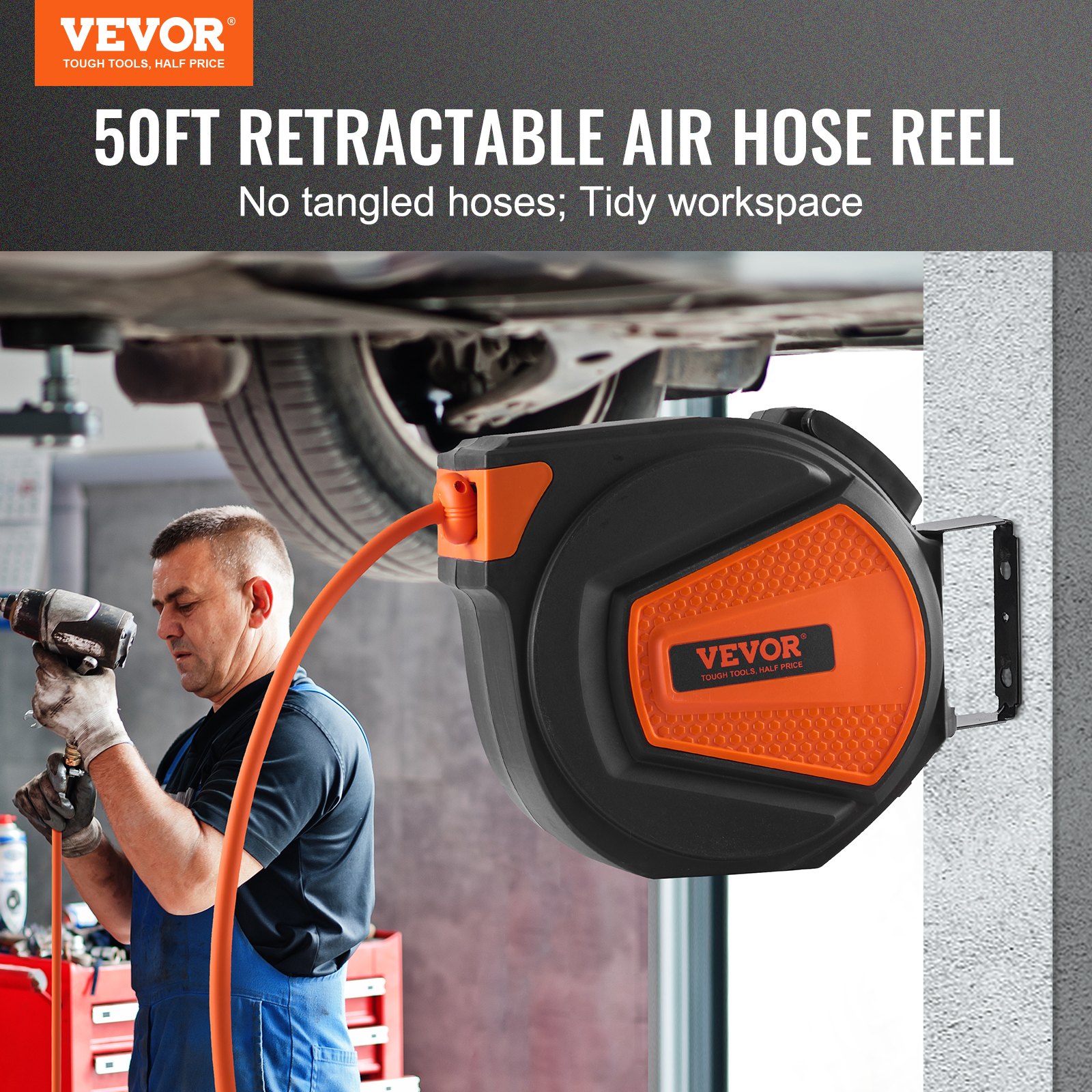 VEVOR Retractable Air Hose Reel, 3/8 IN x 50 FT Hybrid Air Hose Max 300PSI, Air Compressor Hose Reel with 5 ft Lead in, Ceiling / Wall Mount Heavy Duty Single Arm Steel Reel