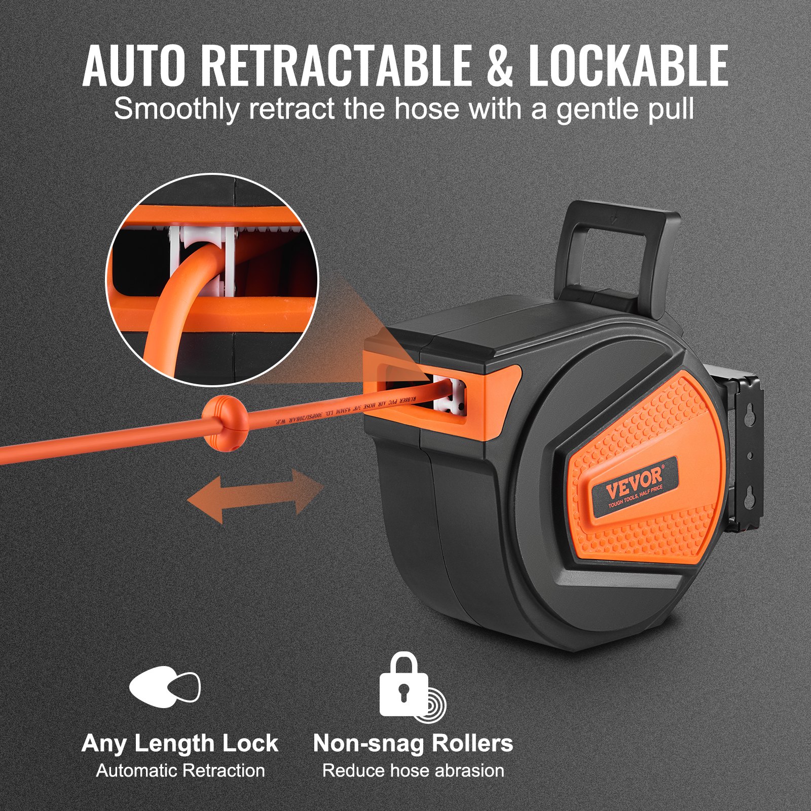 VEVOR Retractable Air Hose Reel, 3/8 IN x 50 FT Hybrid Air Hose Max 300PSI, Air Compressor Hose Reel with 5 ft Lead in, Ceiling / Wall Mount Heavy Duty Single Arm Steel Reel