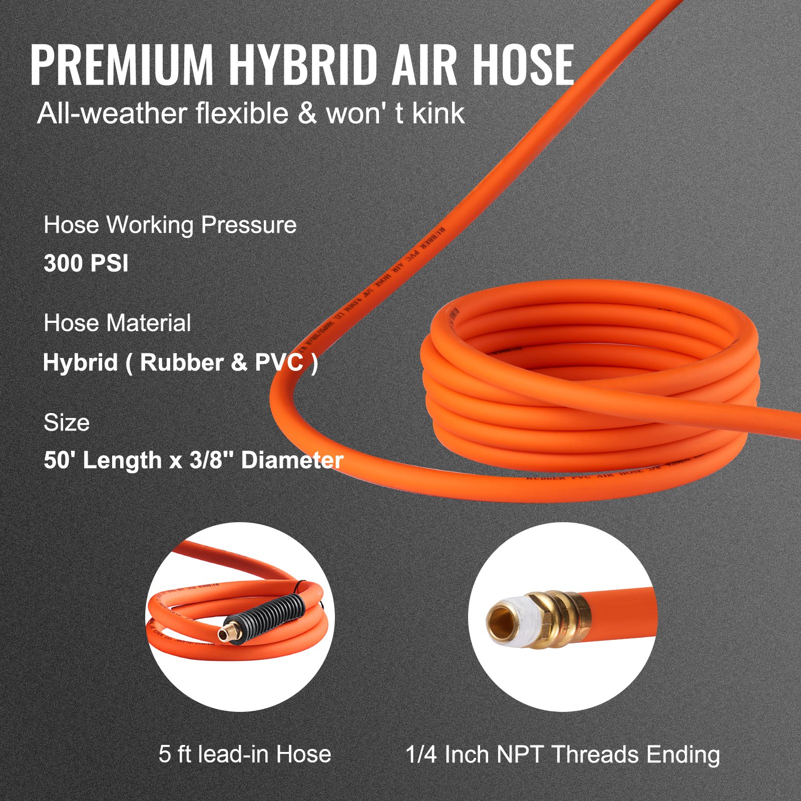 VEVOR Retractable Air Hose Reel, 3/8 IN x 50 FT Hybrid Air Hose Max 300PSI, Air Compressor Hose Reel with 5 ft Lead in, Ceiling / Wall Mount Heavy Duty Single Arm Steel Reel